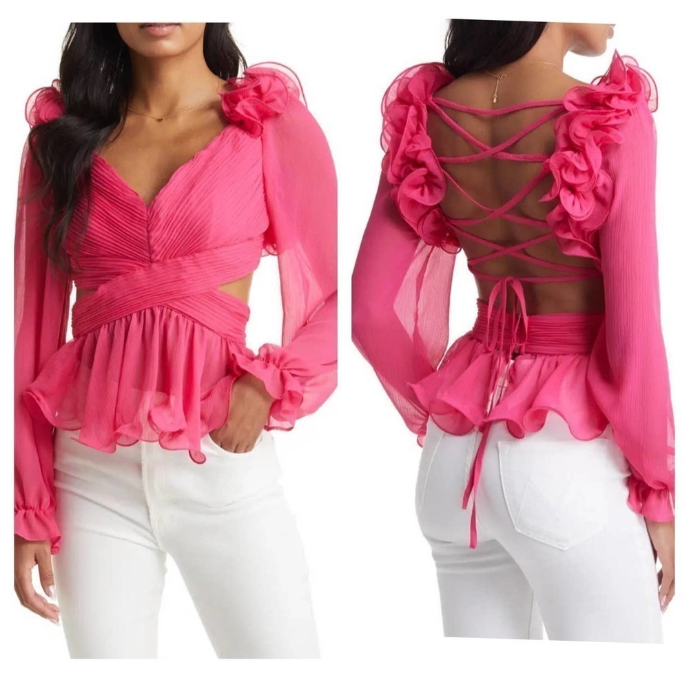 NEW VICI COLLECTION Cutout Chiffon Peplum Blouse Pink Size XS